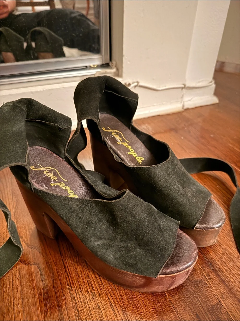 Dark Green Suede Platform Wrap-Heel Sandal